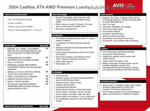 1GYFZDR48RF133090 2024 CADILLAC XT4 Silver Widok naklejki z numerem VIN