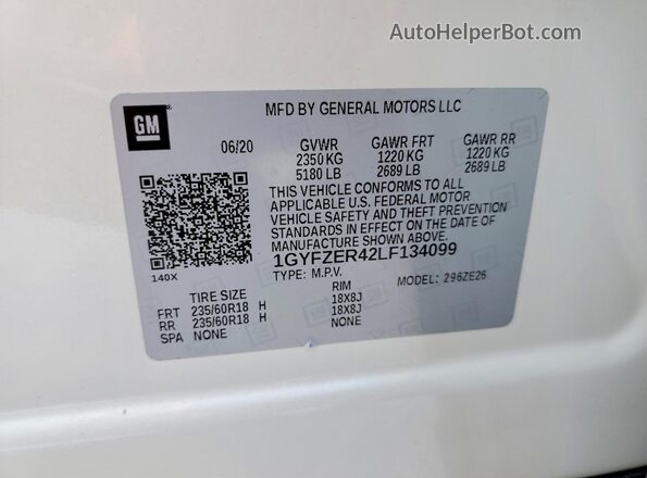 1GYFZER42LF134099 2020 CADILLAC XT4 White Вид наклейки з VIN-кодом
