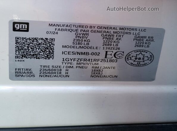 1GYFZFR41RF251803 2024 CADILLAC XT4 Белый Вид наклейки с VIN-кодом