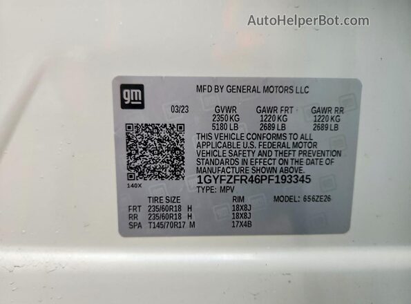 1GYFZFR46PF193345 2023 CADILLAC XT4 Белый Вид наклейки с VIN-кодом