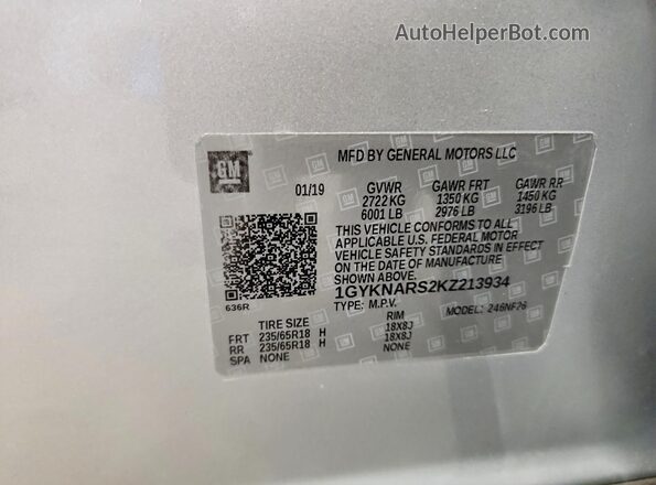 1GYKNARS2KZ213934 2019 CADILLAC XT5 Silver Widok naklejki z numerem VIN