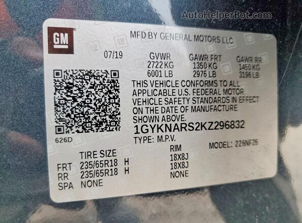 1GYKNARS2KZ296832 2019 CADILLAC XT5 Gray Vista de la etiqueta del VIN