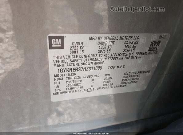 1GYKNERS7HZ311809 2017 CADILLAC XT5 Серый Вид подкапотного пространства