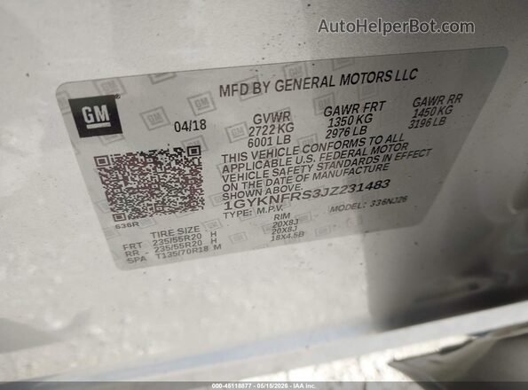 1GYKNFRS3JZ231483 2018 CADILLAC XT5 Серебряный Вид подкапотного пространства
