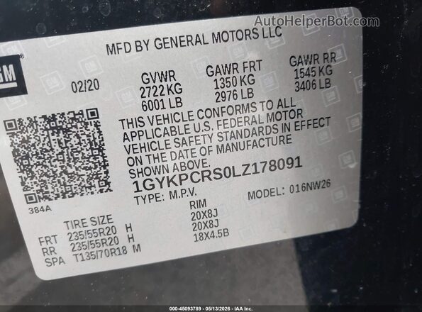 1GYKPCRS0LZ178091 2020 CADILLAC XT6 Black Widok komory silnika