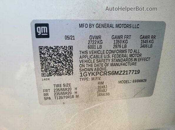 1GYKPCRS6MZ217719 2021 CADILLAC XT6 Белый Панорамный вид салона 360°