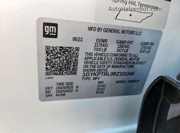 1GYKPTRL0RZ101545 2024 CADILLAC OTHER Белый Вид наклейки с VIN-кодом