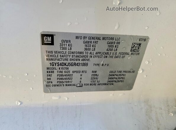 1GYS4DKJ5GR431069 2016 CADILLAC ESCALADE White Widok naklejki z numerem VIN