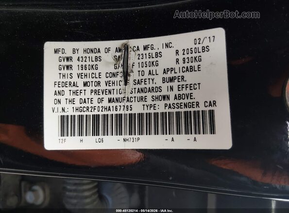 1HGCR2F02HA167795 2017 HONDA ACCORD Черный Вид подкапотного пространства