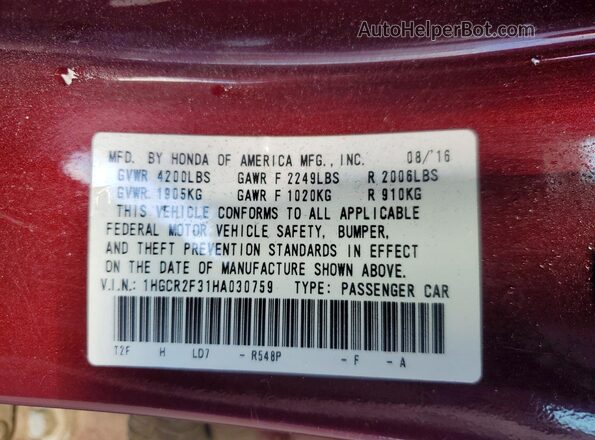 1HGCR2F31HA030759 2017 HONDA ACCORD Бордовый Вид подкапотного пространства