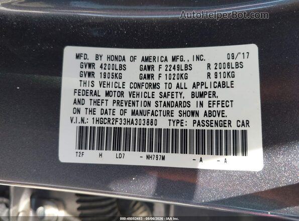 1HGCR2F33HA303880 2017 HONDA ACCORD Серый Вид подкапотного пространства
