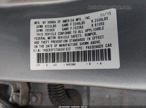 1HGCR2F37GA081522 2016 HONDA ACCORD Серебряный Вид подкапотного пространства