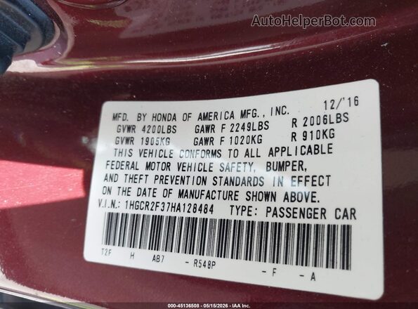 1HGCR2F37HA128484 2017 HONDA ACCORD Red Вид підкапотного простору