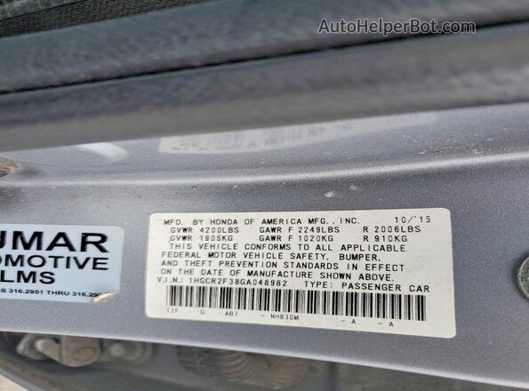 1HGCR2F38GA048982 2016 HONDA ACCORD Silver Widok naklejki z numerem VIN