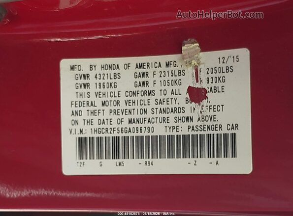 1HGCR2F56GA096790 2016 HONDA ACCORD Красный Вид подкапотного пространства