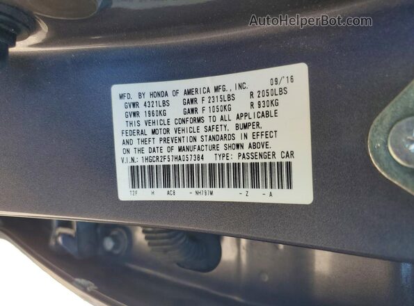 1HGCR2F57HA057384 2017 HONDA ACCORD Gray Вид підкапотного простору