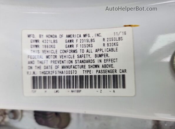 1HGCR2F57HA100573 2017 HONDA ACCORD Белый Вид подкапотного пространства