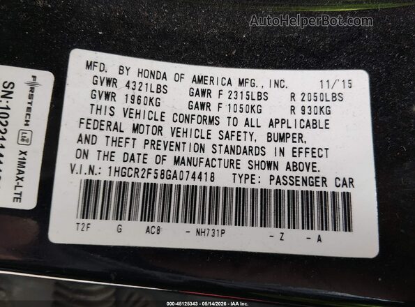 1HGCR2F58GA074418 2016 HONDA ACCORD Черный Вид подкапотного пространства
