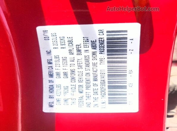 1HGCR2F59GA141611 2016 HONDA ACCORD Красный Вид подкапотного пространства