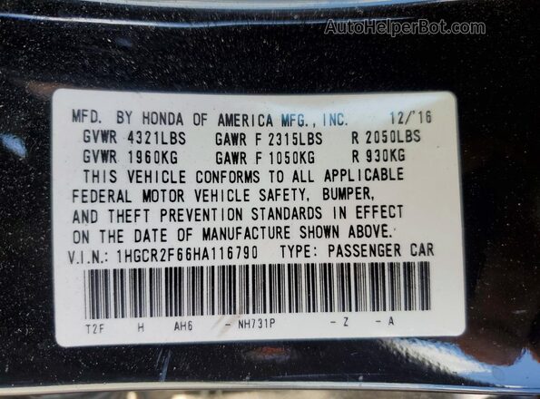 1HGCR2F66HA116790 2017 HONDA ACCORD Black Vista del compartimento del motor