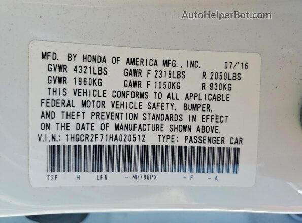 1HGCR2F71HA020512 2017 HONDA ACCORD White Widok naklejki z numerem VIN