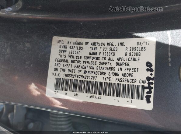 1HGCR2F82HA201207 2017 HONDA ACCORD Gray Engine compartment view