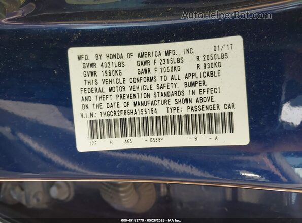 1HGCR2F86HA155154 2017 HONDA ACCORD Blue Widok komory silnika