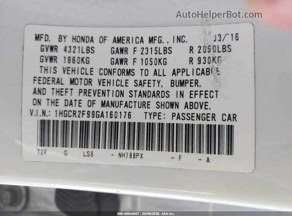 1HGCR2F99GA160176 2016 HONDA ACCORD Белый Вид подкапотного пространства