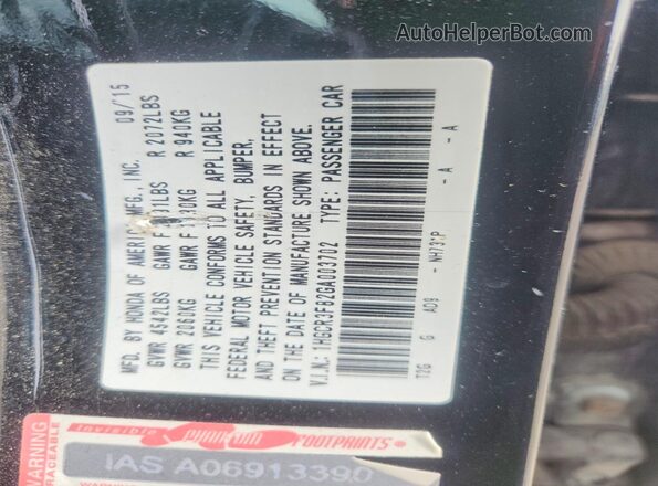 1HGCR3F82GA003702 2016 HONDA ACCORD Black Widok naklejki z numerem VIN