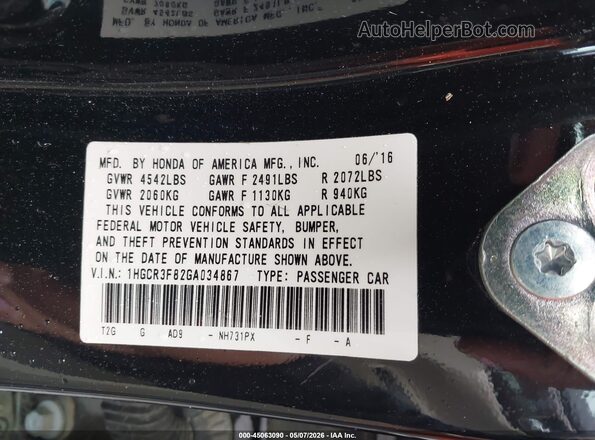 1HGCR3F82GA034867 2016 HONDA ACCORD Черный Вид подкапотного пространства