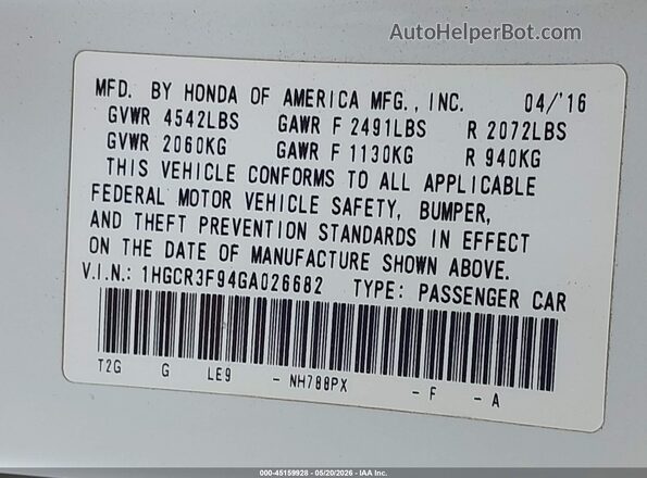 1HGCR3F94GA026682 2016 HONDA ACCORD White Engine compartment view