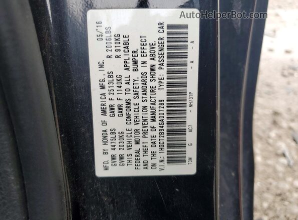 1HGCT2B94GA007289 2016 HONDA ACCORD Black Vista de la etiqueta del VIN