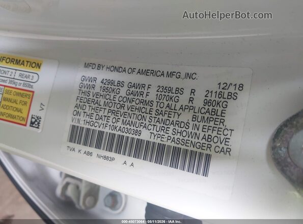1HGCV1F10KA030389 2019 HONDA ACCORD Белый Вид подкапотного пространства