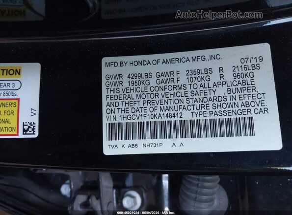1HGCV1F10KA148412 2019 HONDA ACCORD Черный Вид подкапотного пространства