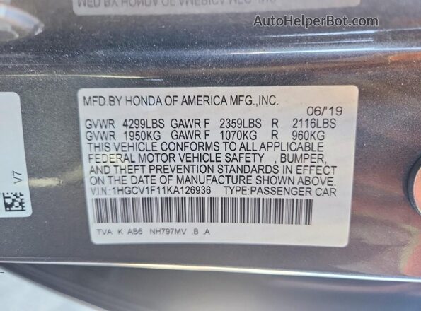 1HGCV1F11KA126936 2019 HONDA ACCORD Серый Вид наклейки с VIN-кодом
