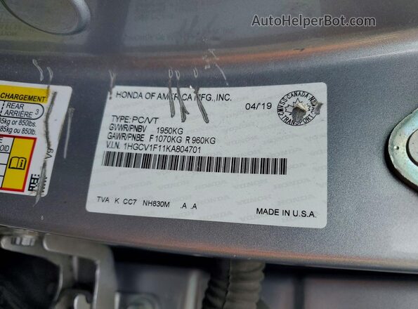 1HGCV1F11KA804701 2019 HONDA ACCORD Silver Widok naklejki z numerem VIN