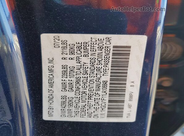 1HGCV1F11LA106848 2020 HONDA ACCORD Синий Вид подкапотного пространства