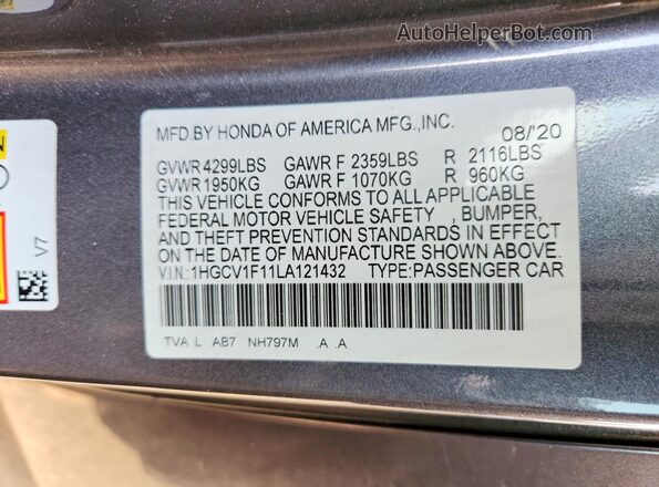 1HGCV1F11LA121432 2020 HONDA ACCORD Silver Вид підкапотного простору