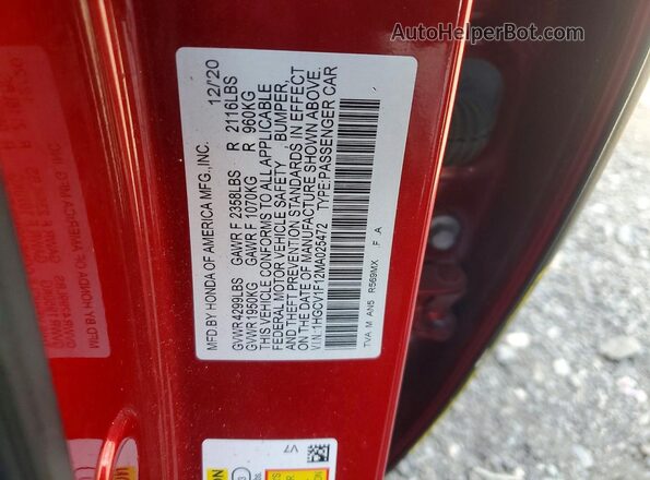 1HGCV1F12MA025472 2021 HONDA ACCORD Red VIN კოდის სტიკერის ხედი