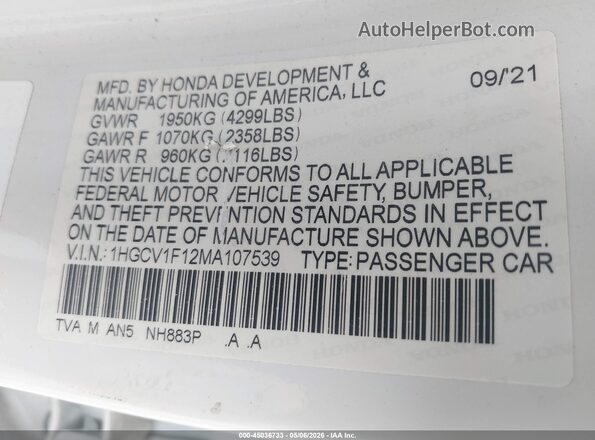 1HGCV1F12MA107539 2021 HONDA ACCORD Белый Вид подкапотного пространства