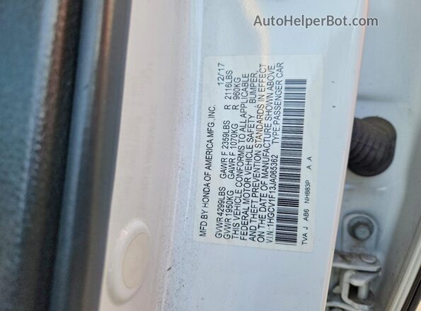 1HGCV1F13JA065362 2018 HONDA ACCORD Белый Вид наклейки с VIN-кодом