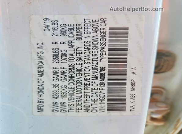 1HGCV1F13KA088786 2019 HONDA ACCORD Белый Вид подкапотного пространства