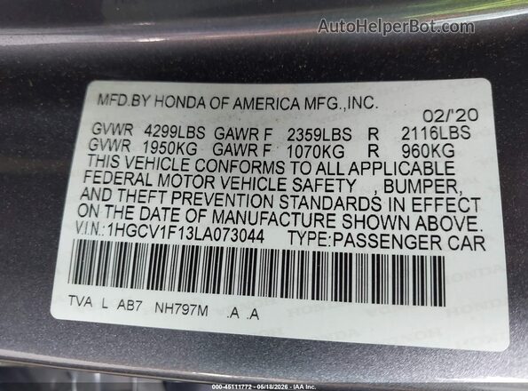 1HGCV1F13LA073044 2020 HONDA ACCORD Gray Vista del compartimento del motor