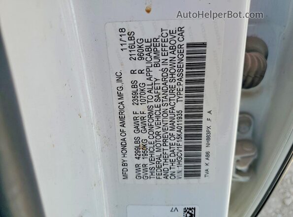 1HGCV1F15KA011935 2019 HONDA ACCORD Белый Вид подкапотного пространства