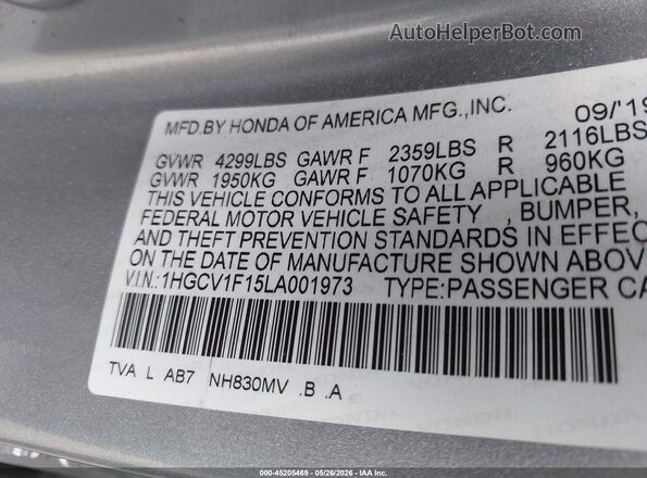 1HGCV1F15LA001973 2020 HONDA ACCORD Серебряный Вид подкапотного пространства