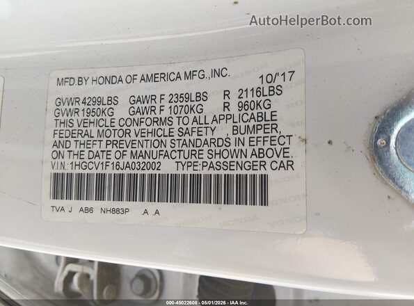 1HGCV1F16JA032002 2018 HONDA ACCORD Белый Вид подкапотного пространства