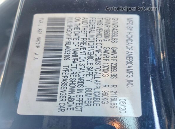 1HGCV1F16LA093109 2020 HONDA ACCORD Black Շարժիչի բաժամունքի տեսք