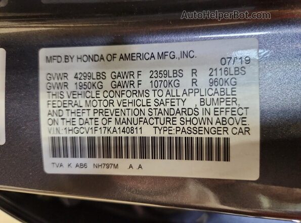 1HGCV1F17KA140811 2019 HONDA ACCORD Gray Widok komory silnika