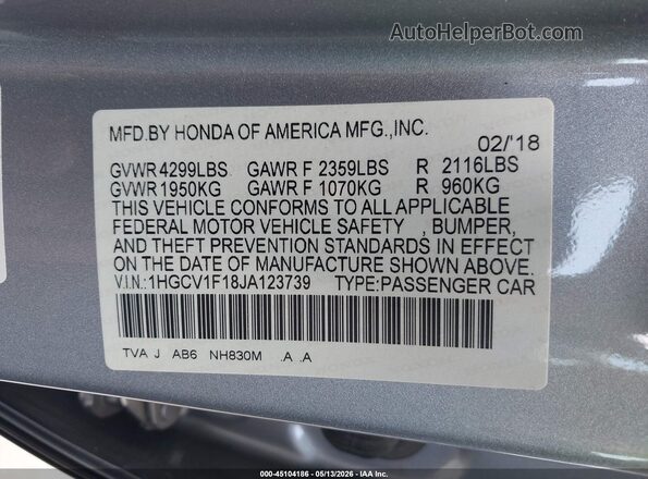 1HGCV1F18JA123739 2018 HONDA ACCORD Silver Widok komory silnika