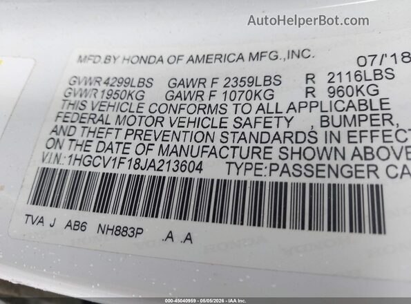 1HGCV1F18JA213604 2018 HONDA ACCORD Белый Вид подкапотного пространства